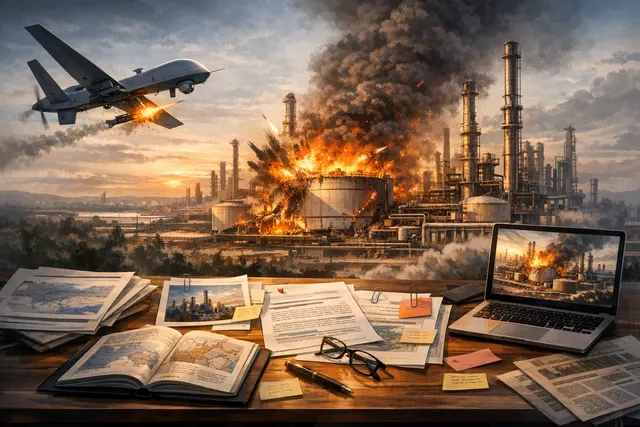 Aerial view of an oil refinery fire at night in a snowy landscape, illustrating the Tyumen drone strike deep inside Siberia.