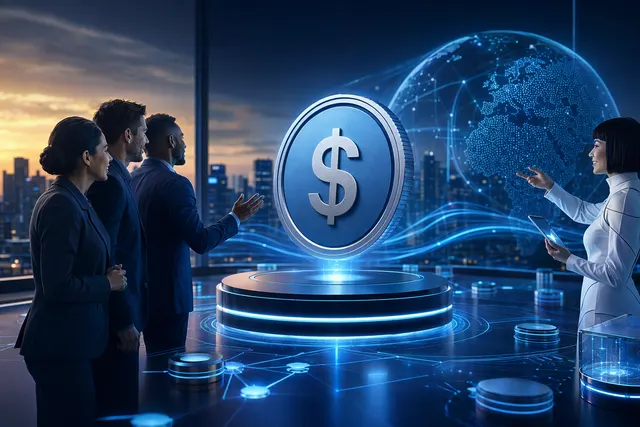 Concept illustration of the USDF stablecoin and Coinbase custom stablecoin infrastructure