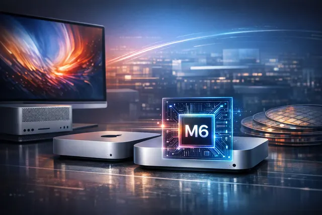 Apple M6 Mac mini beside visual representations of the M6 chip and Apple Mac Studio
