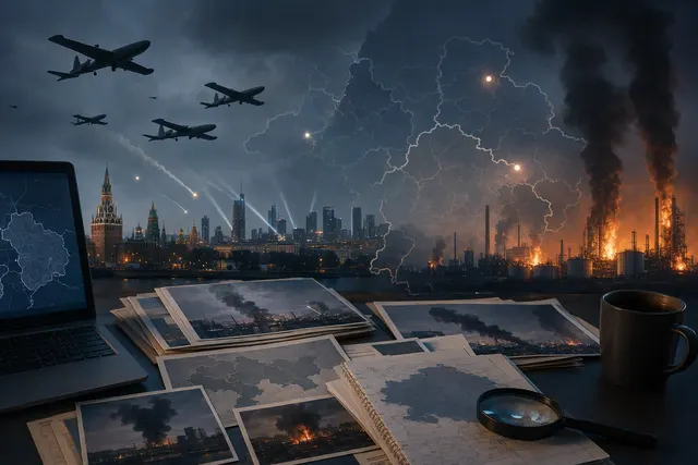 AI-generated editorial illustration representing reported drone attacks on Russia