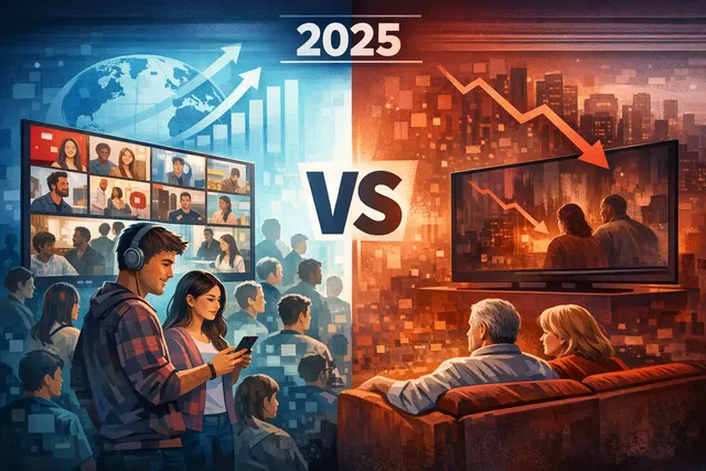 Split-screen editorial image symbolizing the shift from Netflix's premium serialized content to YouTube's creator-driven, multi-format video ecosystem on TV and mobile screens.