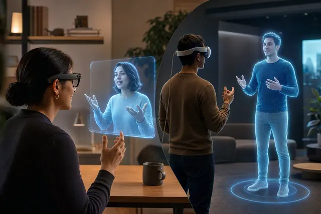 AI-generated editorial illustration representing holographic video calls on wearable glasses