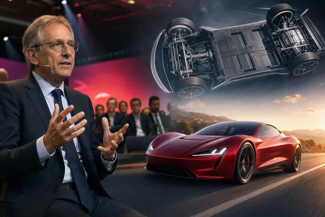AI-generated editorial illustration for an article about Ferrari CEO Benedetto Vigna praising Tesla’s redesigned Roadster