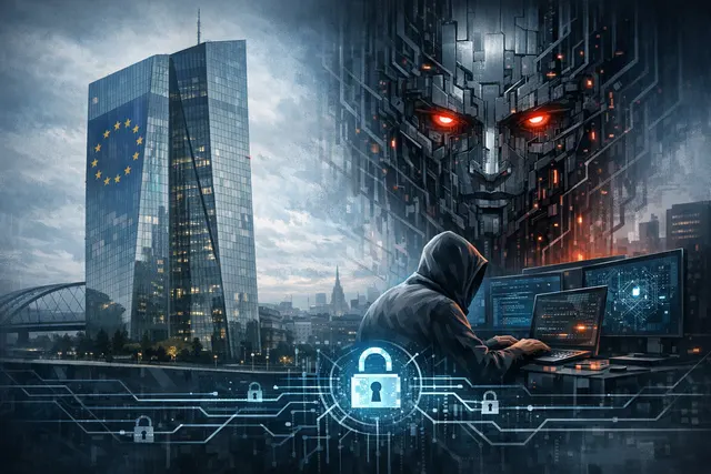 Digital artwork of the ECB headquarters under a glowing digital shield, surrounded by lines of code and AI cyber threats.