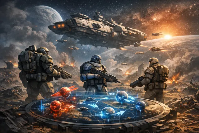 Helldivers standing on a war-torn planet landscape, looking toward a massive enemy structure, representing the upcoming Helldivers 2 Galactic War Campaigns and Planet Warfronts ove