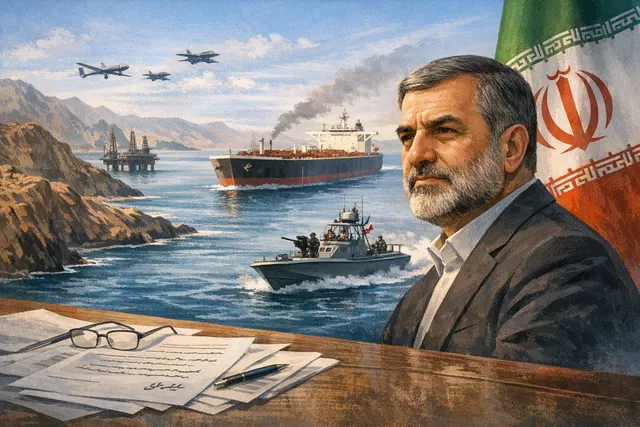 AI-generated editorial illustration of a tense shipping route through the Strait of Hormuz