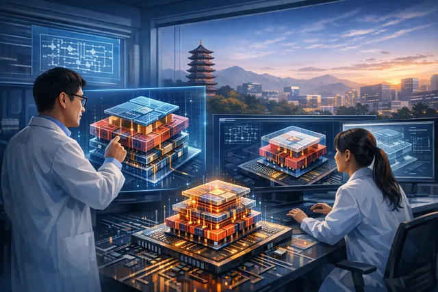 Abstract 3D illustration of a futuristic microchip with folded, layered architecture and glowing data pathways, representing the Peking University and Huawei Logic Folding EDA brea