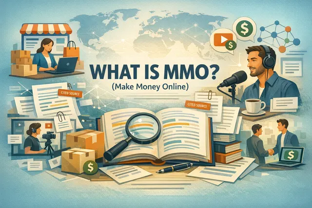 Digital workspace with laptop showing financial analytics, money icons, and online business tools representing the MMO (Make Money Online) ecosystem