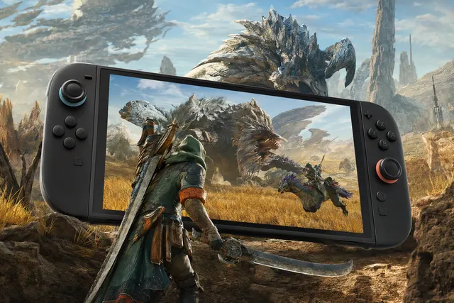 Editorial illustration of Monster Hunter Wilds on Nintendo Switch 2 in handheld play