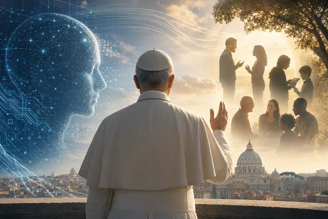 Conceptual illustration representing Pope Leo XIV’s warning about artificial intelligence and the need to preserve human voices and faces in digital communication