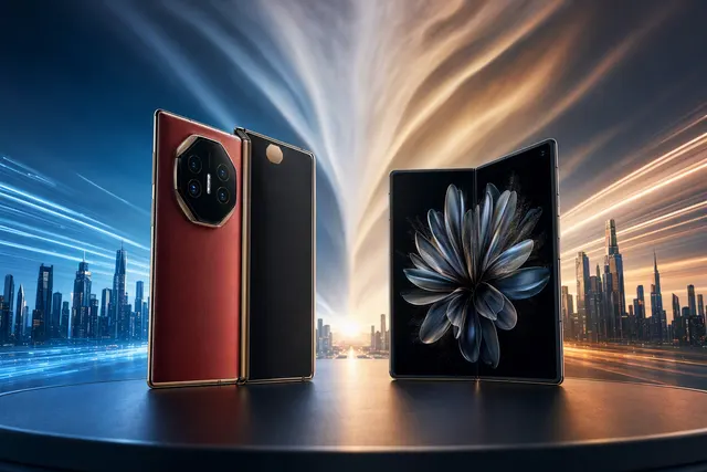 Editorial illustration of Huawei, Xiaomi and Apple foldable smartphones competing in the premium market