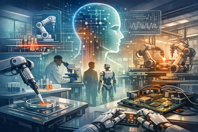 Conceptual illustration of an AI agent coordinating laboratory instruments and robotic equipment