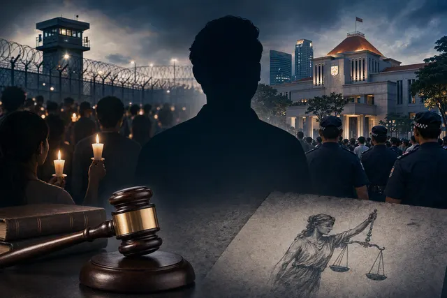 AI-generated illustration accompanying a report on candlelight vigils and public assembly charges in Singapore