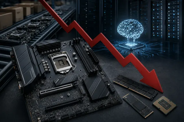 AI-generated illustration of a PC motherboard and components under supply-chain pressure in 2026