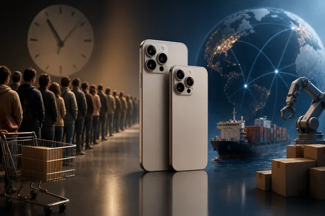 AI-generated editorial illustration accompanying coverage of iPhone Duo preorder delays and supply constraints.