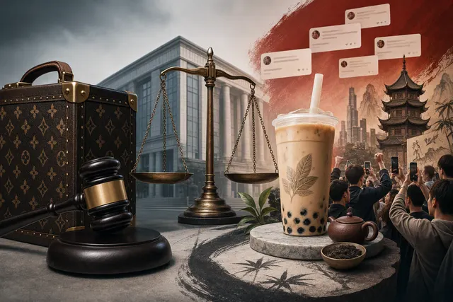 Illustration of a four-petal floral trademark dispute between Louis Vuitton and Chinese tea chain Molly Tea