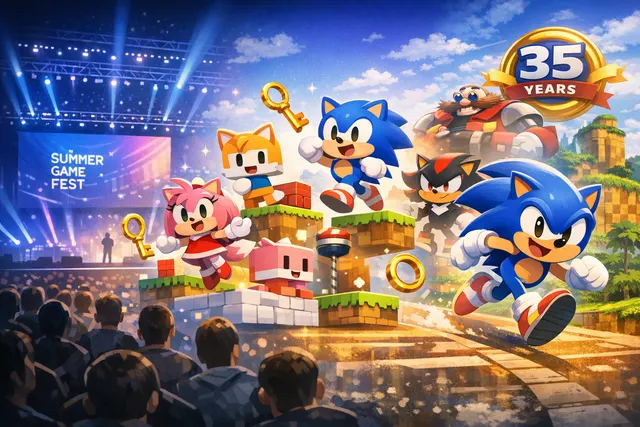 Sonic the Hedgehog, Tails, Knuckles, and Amy posing in front of a colorful co-op puzzle level inspired by the Pico Park game, with the title Sonic Pico Park.