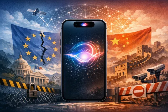 An Apple iPhone displaying a Siri AI interface split into two halves, one side featuring the European Union flag and the other a Chinese flag, with a glowing blue dividing line sym