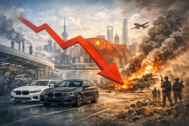 BMW manufacturing facility with overlaid financial charts showing margin decline and supply chain disruption icons representing China sales drop and energy cost spikes from the Ira