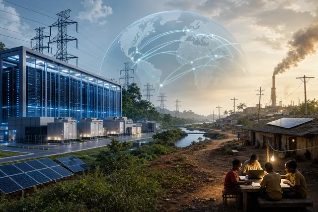 AI-generated editorial illustration accompanying an article on data centers, electricity demand and emerging markets