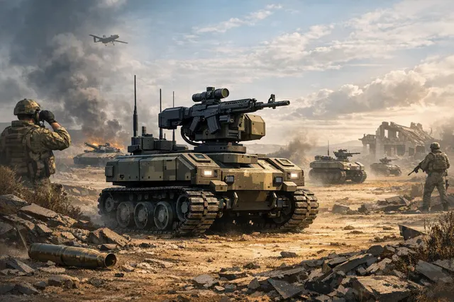 Editorial illustration of a rifle-armed unmanned ground vehicle operating on a battlefield