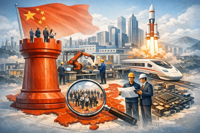 An abstract visualization of China's network of specialized 'little giant' manufacturing enterprises forming a high-tech supply chain.