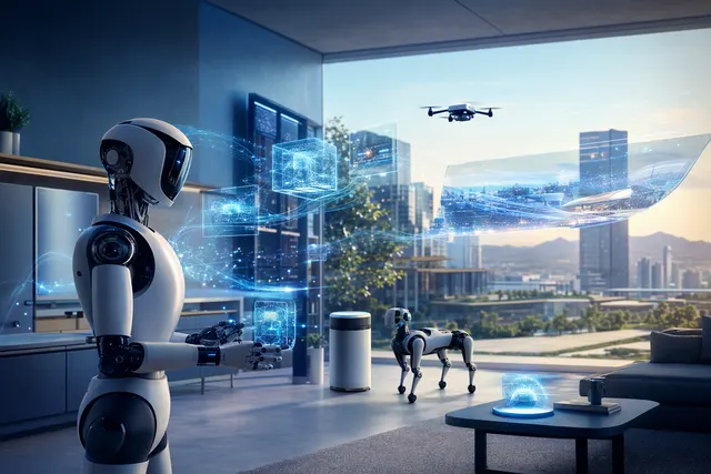 AI-generated editorial illustration accompanying an article about Samsung’s AI and robotics strategy