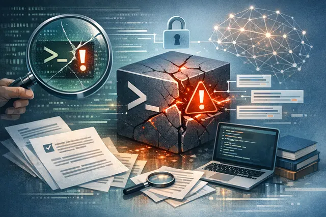 Abstract digital illustration of a security breach with a cracked shell icon and code symbols, representing the GuardFall Bash shell vulnerability affecting AI coding agents.
