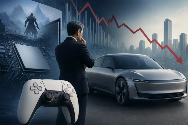 Editorial illustration of Sony’s profit decline with electric-vehicle, gaming and semiconductor imagery.