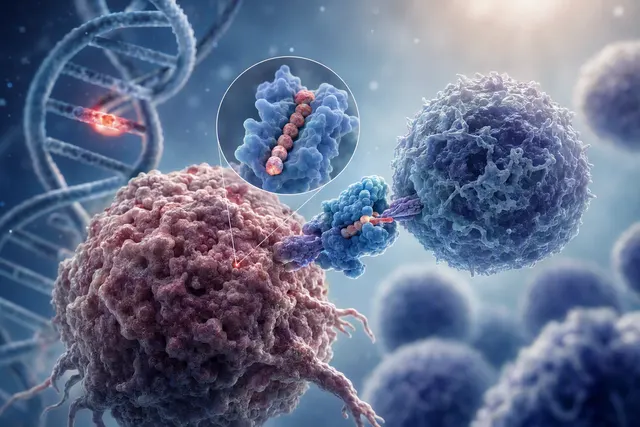 Illustration of immune cells examining peptide targets displayed on a cancer cell