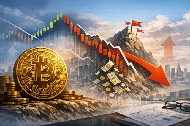 Illustration of Bitcoin falling from above $80,000 toward the $77,000 support zone with a bearish chart pattern