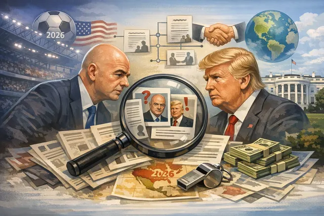 AI-generated editorial illustration of the FIFA 2026 World Cup ethics scandal involving Gianni Infantino and Donald Trump