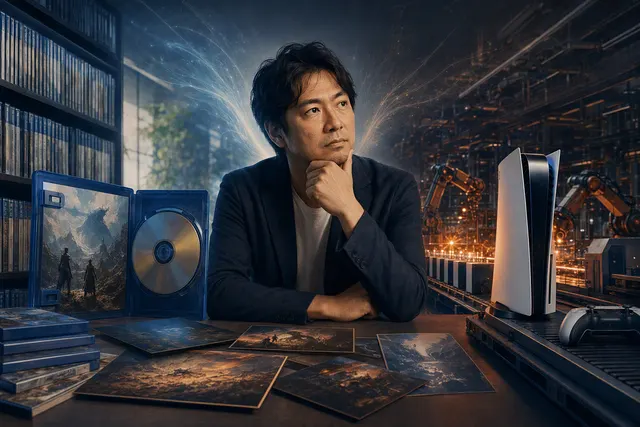 Illustration representing the debate over physical PlayStation game discs and boxed editions