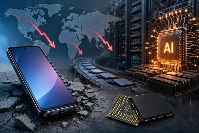Illustration of smartphones and memory chips representing the 2026 global DRAM and NAND shortage affecting phone production