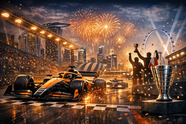 McLaren Formula 1 cars racing under Singapore lights during a championship campaign