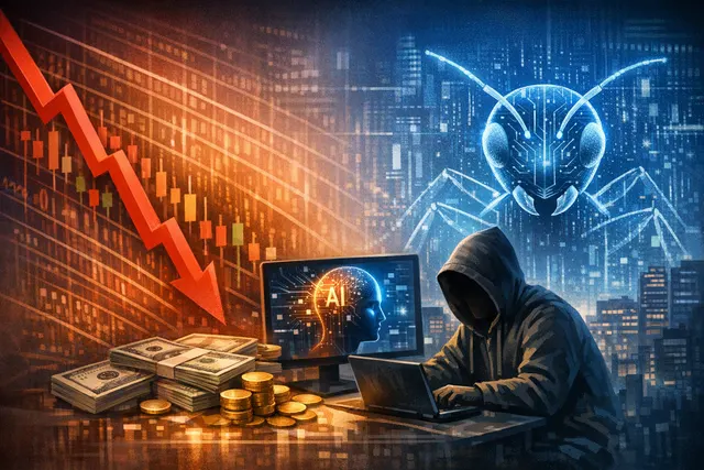 A stylized downward-trending stock chart overlaid on a dark, futuristic cybersecurity-themed background with glowing digital network nodes.