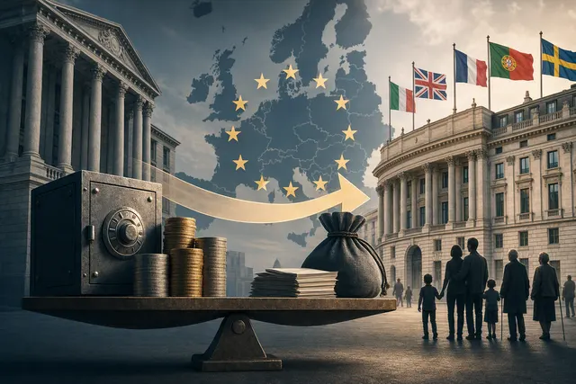 Editorial illustration representing European bank taxes and fiscal policy