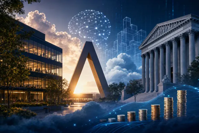 Editorial illustration of Alphabet’s AI, cloud computing, and financial growth story