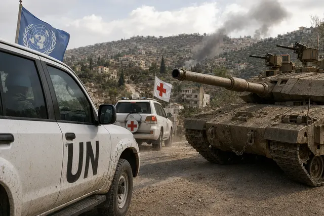 Illustration of a UN peacekeeping convoy confronted by a tank in southern Lebanon