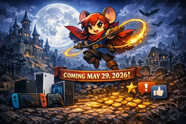 A promotional image for Mina the Hollower featuring the mouse protagonist Mina in a gothic, top-down pixel art world.