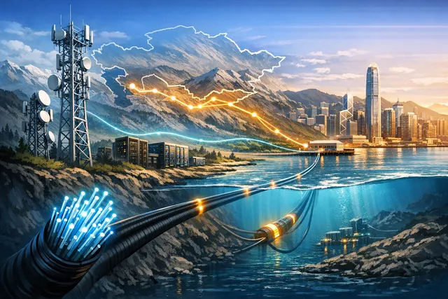 Digital map illustrating fibre-optic cable connections between Central Asia and Hong Kong's submarine cable hub.
