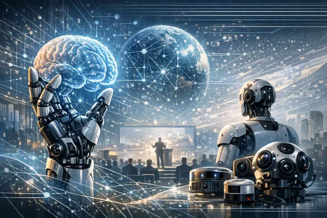 Editorial illustration of SynapX’s embodied AI strategy combining a world model brain, dexterous robotic hand, and human motion data