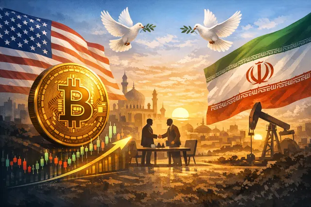 Bitcoin coin positioned over a geopolitical risk map and market charts, reflecting the volatility from US-Iran peace negotiations.
