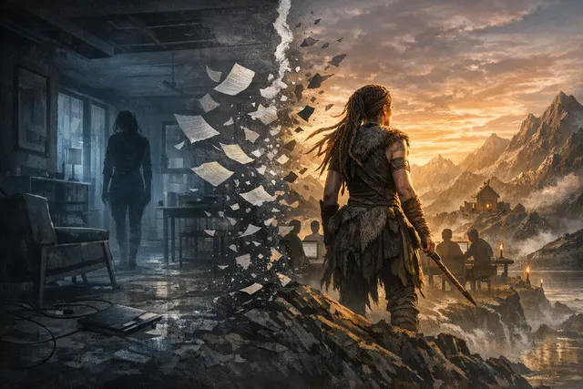 Concept art merging the photorealistic apartment setting of Project Mara with Senua's face, symbolizing the studio's shift from experimental horror to a flagship action-adventure f