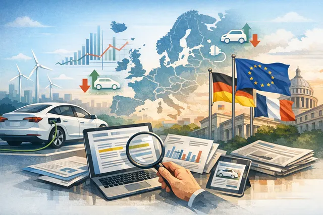 AI-generated illustration of electric vehicles on a European city street with EU flag and charging stations, representing the surge in EV sales and shifting policy landscape.