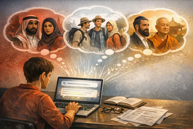 Editorial illustration of Google AI Overview producing contrasting safety advice for people identified by religion and nationality