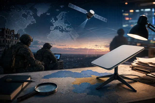 Editorial illustration representing satellite connectivity and reported restrictions affecting Ukraine’s military communications