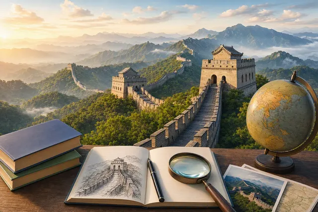 Illustration of the Great Wall winding across a mountain ridge