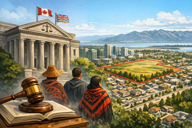 Gavel on a legal document with a map of Richmond, B.C., in the background representing the Cowichan Tribes Aboriginal title ruling on fee simple land