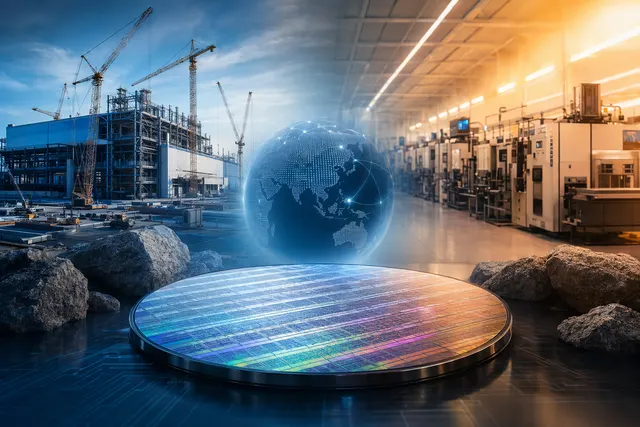 AI-generated illustration of Apple, Intel and TSMC chip supply chains converging on a processor